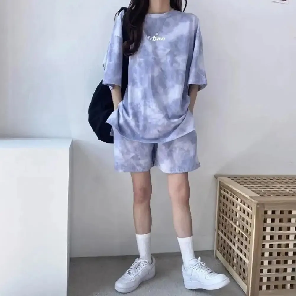 2 Pcs/Set Women T-shirt Shorts Set Tie-dye Sleeves Mid Length Top Shorts Suit Elastic Waist Mini Loose Female Outfit Daily Wear