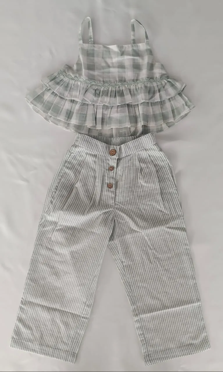 Adorable 2-Piece Sage Checks Top & Striped Pants Set for Kids & Infants