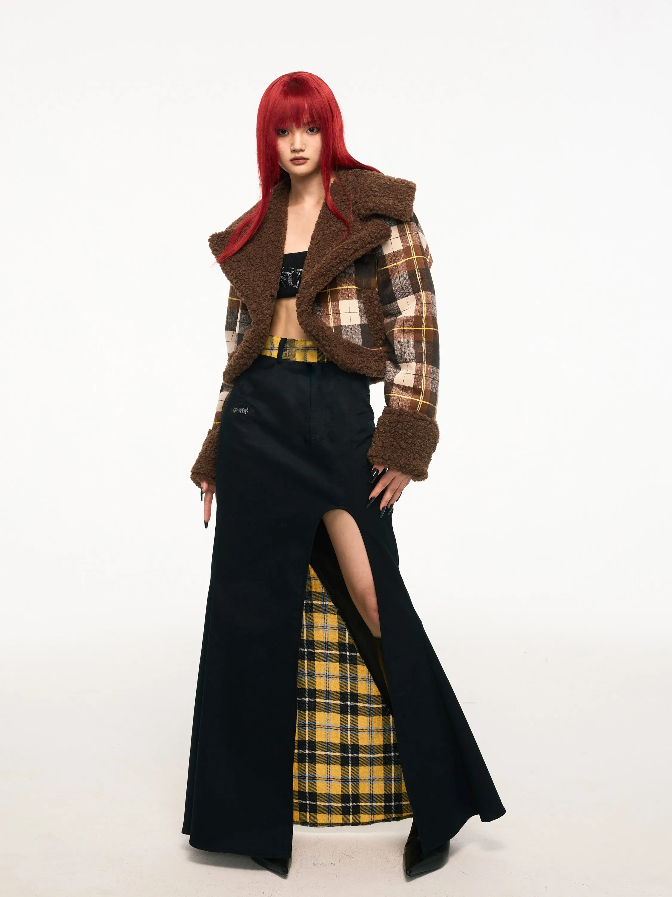 AFTERNOON MONICA plaid fur coat