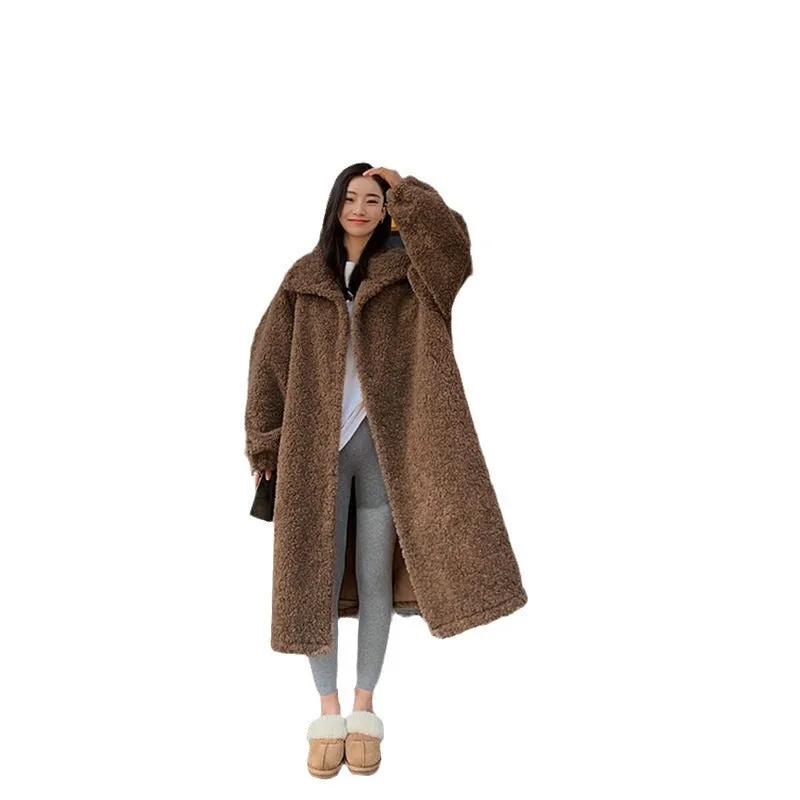 Aiertu simple winter outfits Maillard Small Teddy Wool Stand Collar Coat Long Cashmere Lamb Fur Coat Thickened Loose