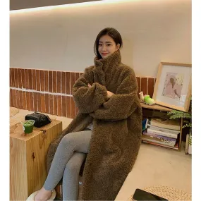 Aiertu simple winter outfits Maillard Small Teddy Wool Stand Collar Coat Long Cashmere Lamb Fur Coat Thickened Loose