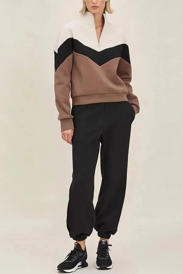 Airport Style Colorblock Zip-up Sweatshirt and Elastic Waist Pocket Sweatpants Set