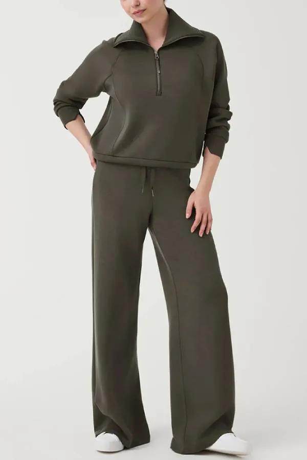 Airy Sleek Half Zip Jacket and High Rise Elastic Waist Wide Leg Sweatpants Set