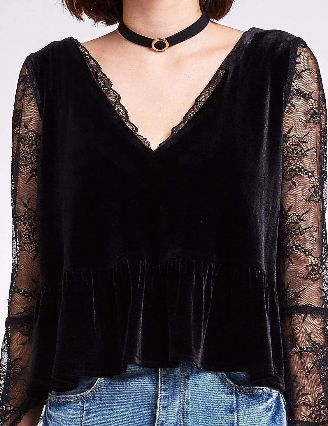 Alisa Pan Long Sleeves Lace and Velvet Top