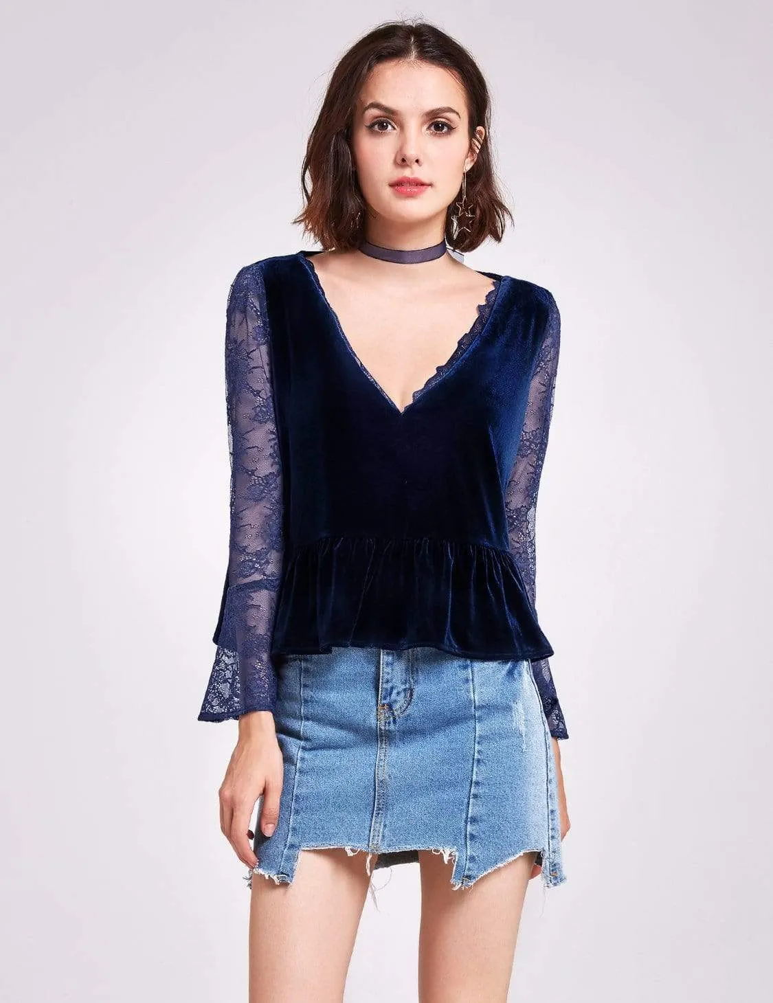 Alisa Pan Long Sleeves Lace and Velvet Top