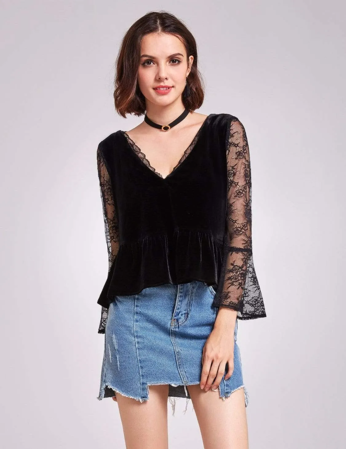 Alisa Pan Long Sleeves Lace and Velvet Top