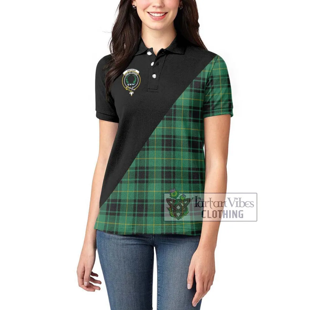 Arthur Ancient Tartan Women's Polo Shirt with Family Crest and Military Logo Style