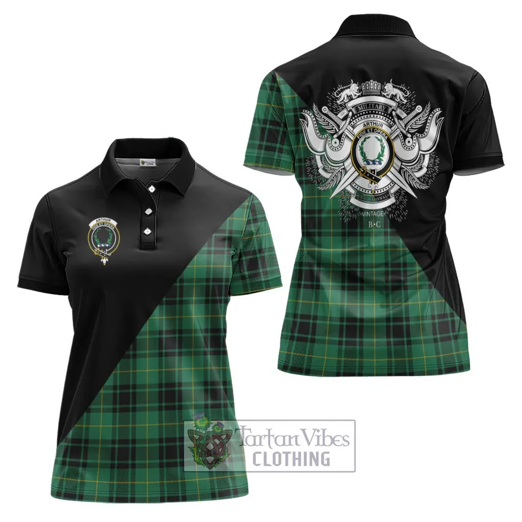 Arthur Ancient Tartan Women's Polo Shirt with Family Crest and Military Logo Style