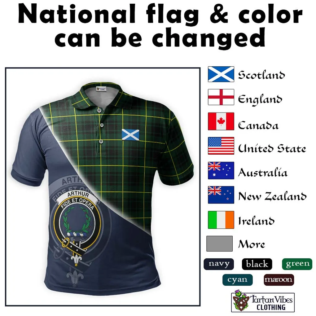 Arthur Modern Tartan Polo Shirt with Personalised National Flag and Family Crest Half Style