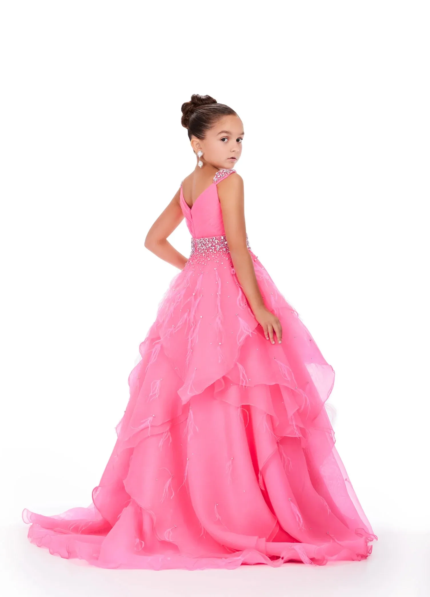 Ashley Lauren Kids 8219 Size 6, 10 Hot Pink Girls Layered Feather Pageant Dress ballgown Embellished V Neck Gown