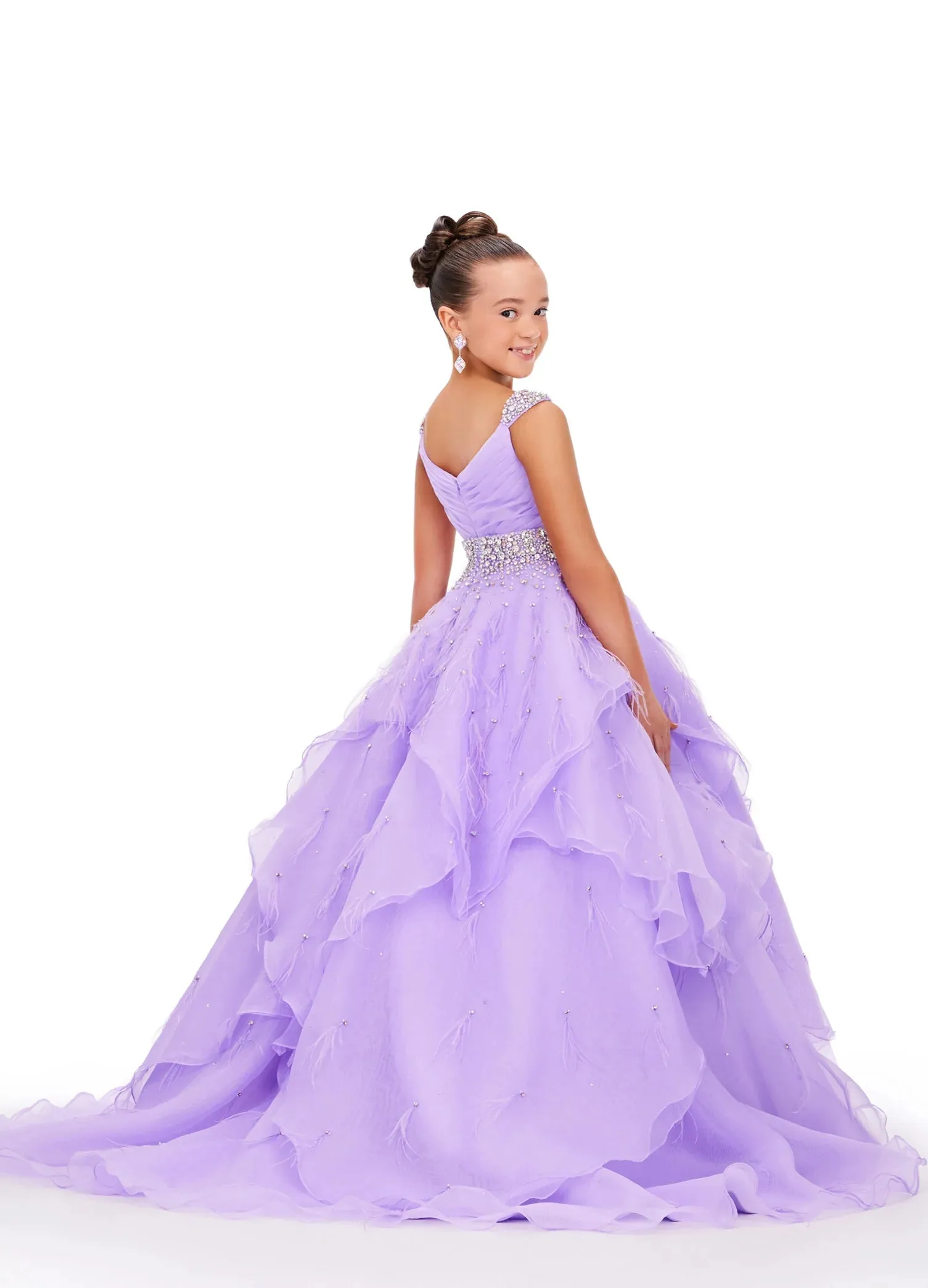 Ashley Lauren Kids 8219 Size 6, 10 Hot Pink Girls Layered Feather Pageant Dress ballgown Embellished V Neck Gown