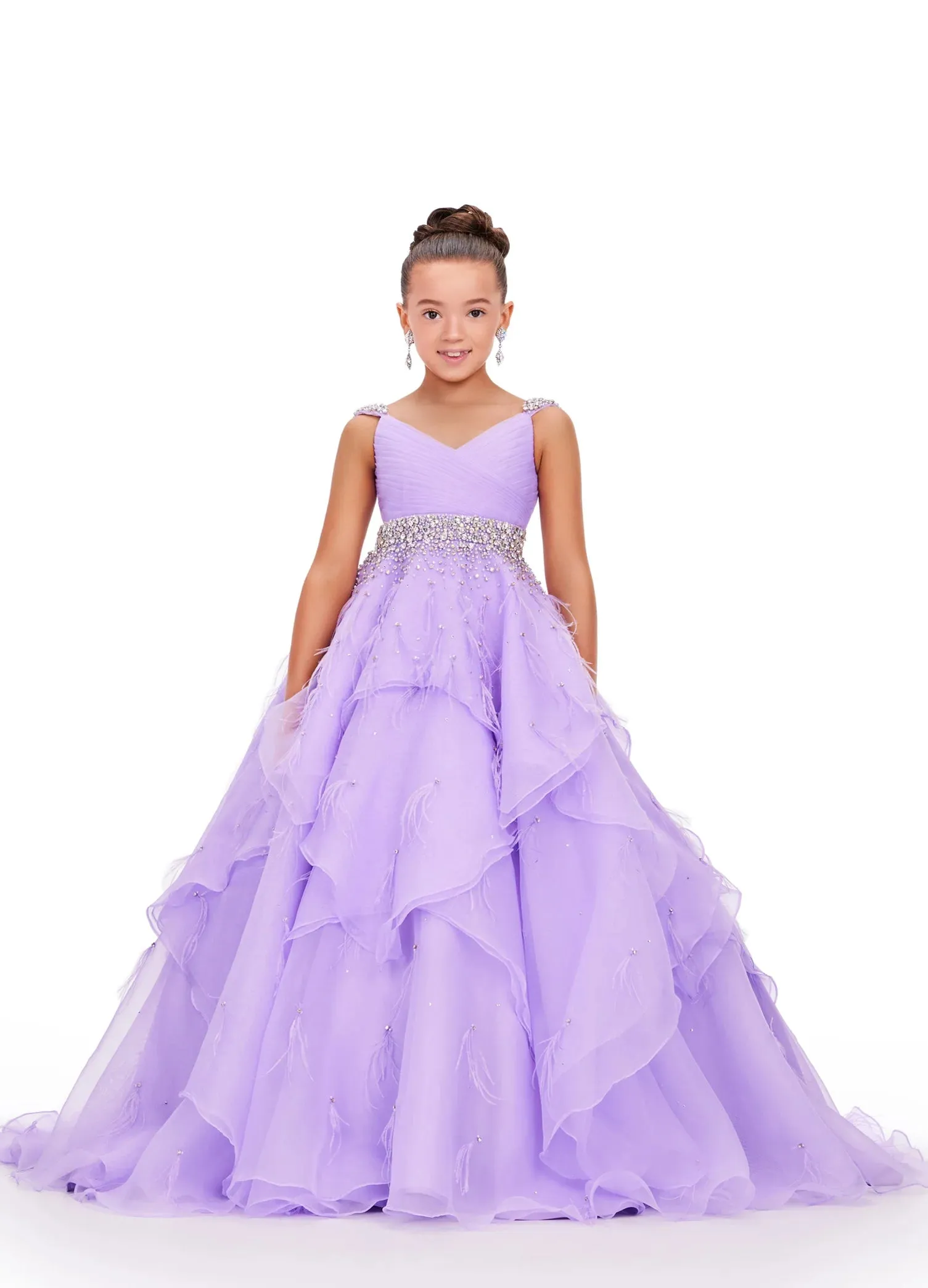 Ashley Lauren Kids 8219 Size 6, 10 Hot Pink Girls Layered Feather Pageant Dress ballgown Embellished V Neck Gown