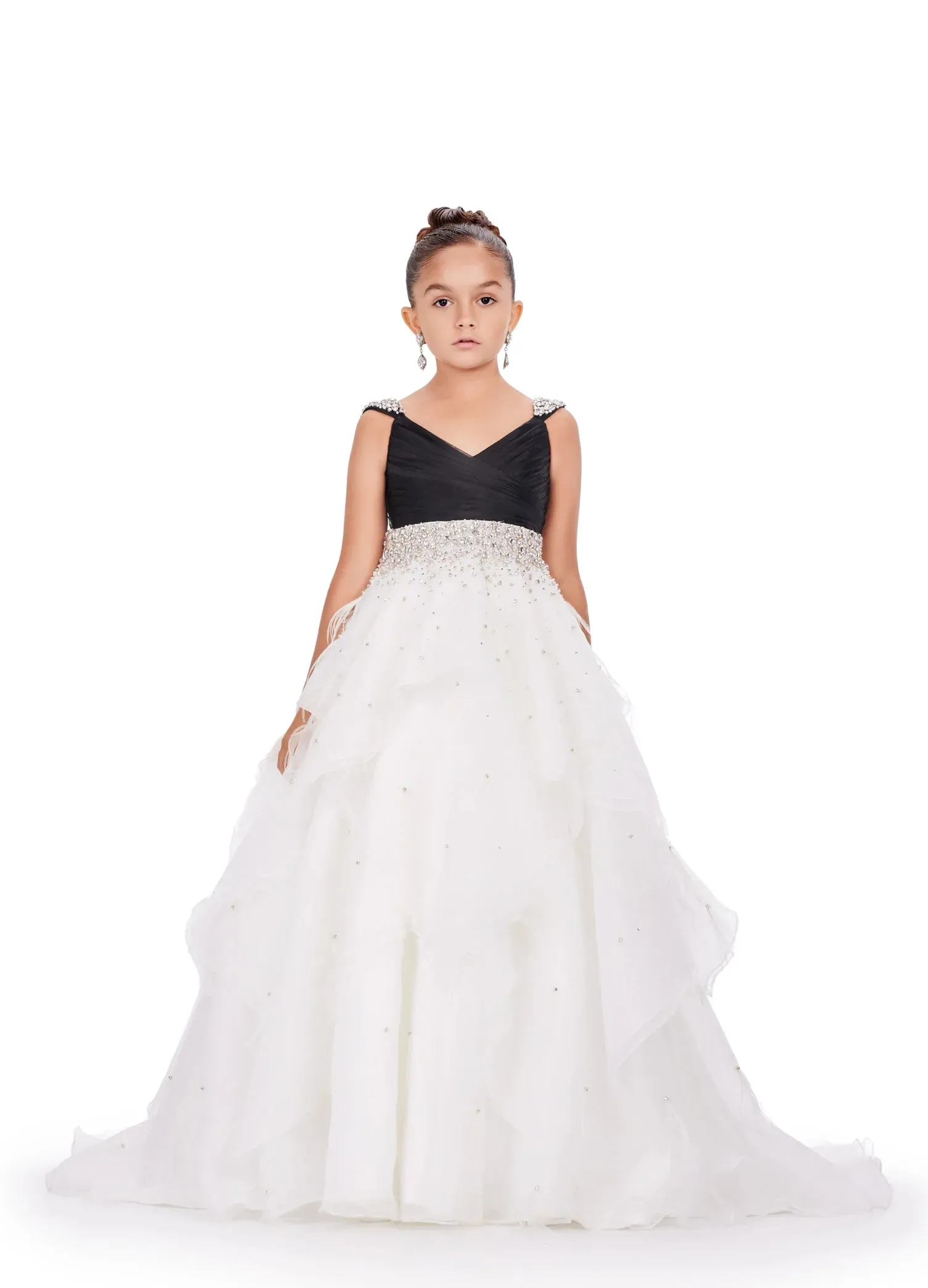 Ashley Lauren Kids 8219 Size 6, 10 Hot Pink Girls Layered Feather Pageant Dress ballgown Embellished V Neck Gown