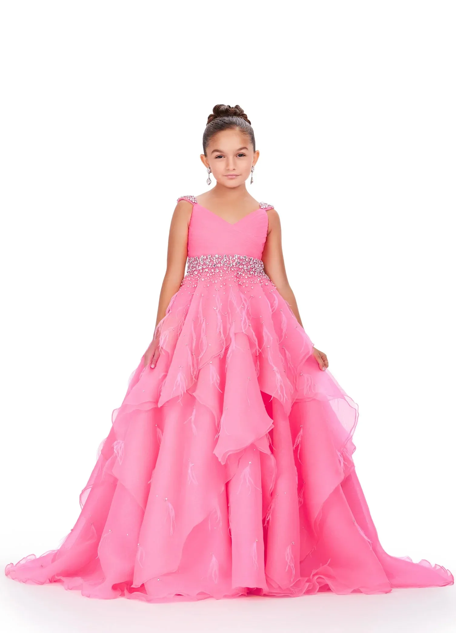 Ashley Lauren Kids 8219 Size 6, 10 Hot Pink Girls Layered Feather Pageant Dress ballgown Embellished V Neck Gown