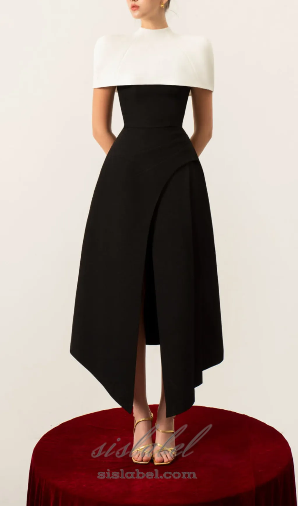 AUDREY SLIT CAPE MIDI DRESS IN BLACK