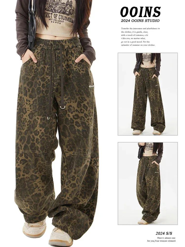 Back To School Joskaa Vintage Leopard Jeans Women Hip Hop Causal Baggy High Waist Wide Leg Parachute Denim Pants Y2k Fashion Mujer Sweatpants