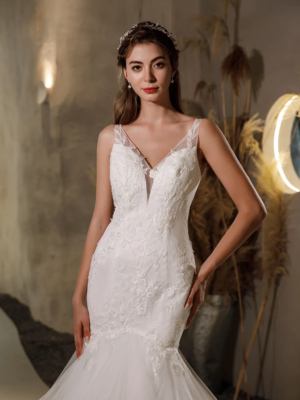 Beaded Lace Tulle Ruffled Mermaid Wedding Dress