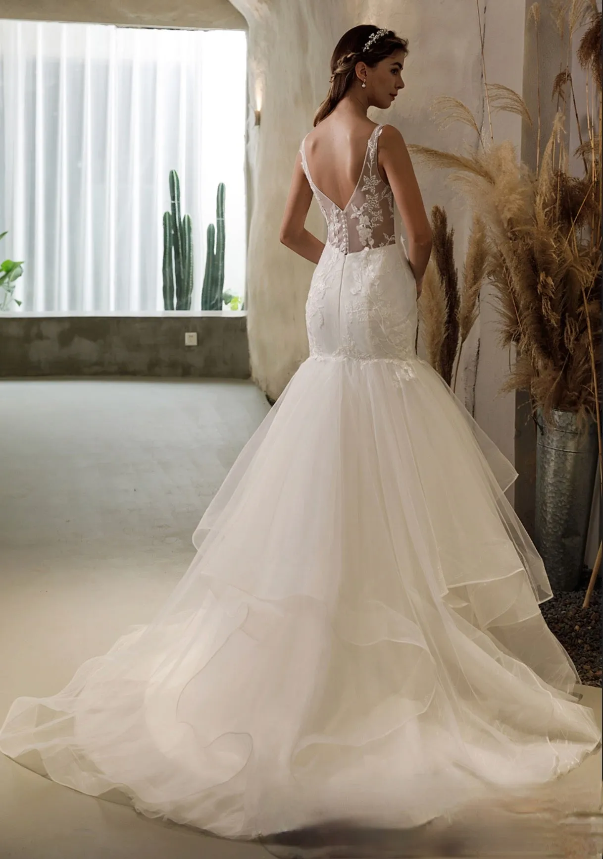 Beaded Lace Tulle Ruffled Mermaid Wedding Dress