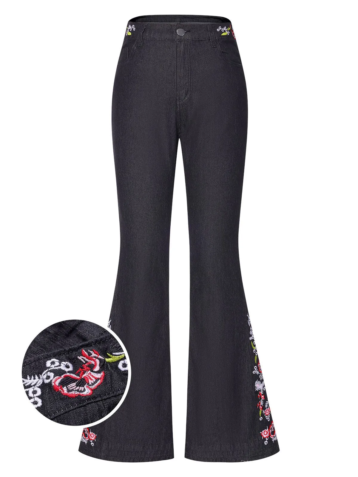 Black 1940s Embroidered Flared Jeans