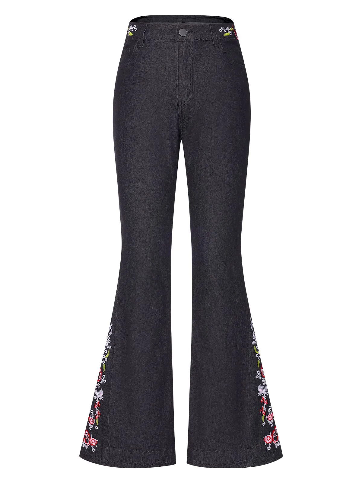 Black 1940s Embroidered Flared Jeans