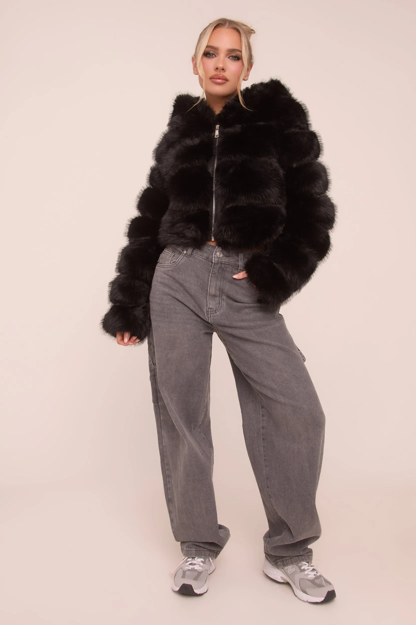 Black Faux Fur Hooded Cropped Coat - Adriel