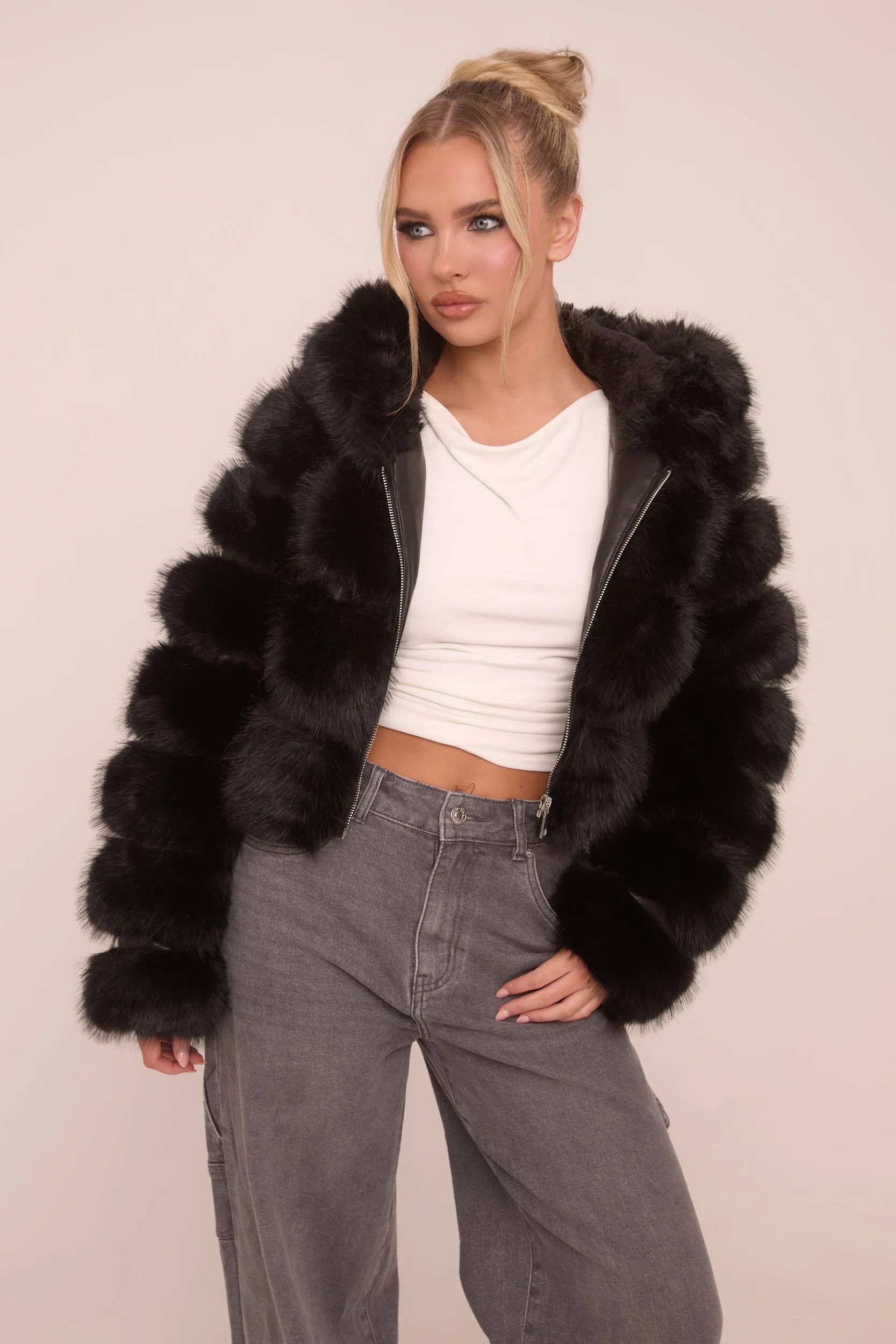 Black Faux Fur Hooded Cropped Coat - Adriel