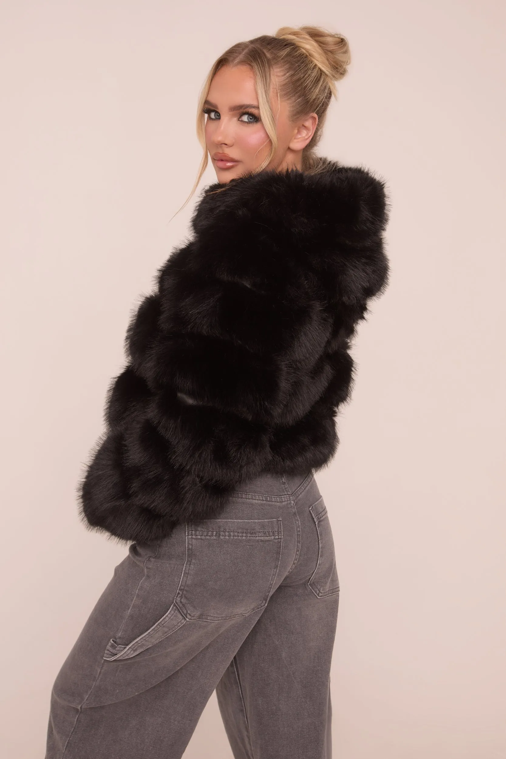 Black Faux Fur Hooded Cropped Coat - Adriel