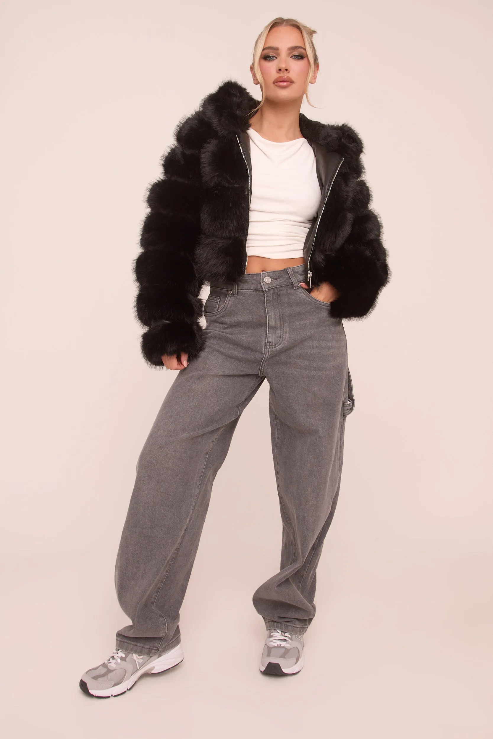 Black Faux Fur Hooded Cropped Coat - Adriel