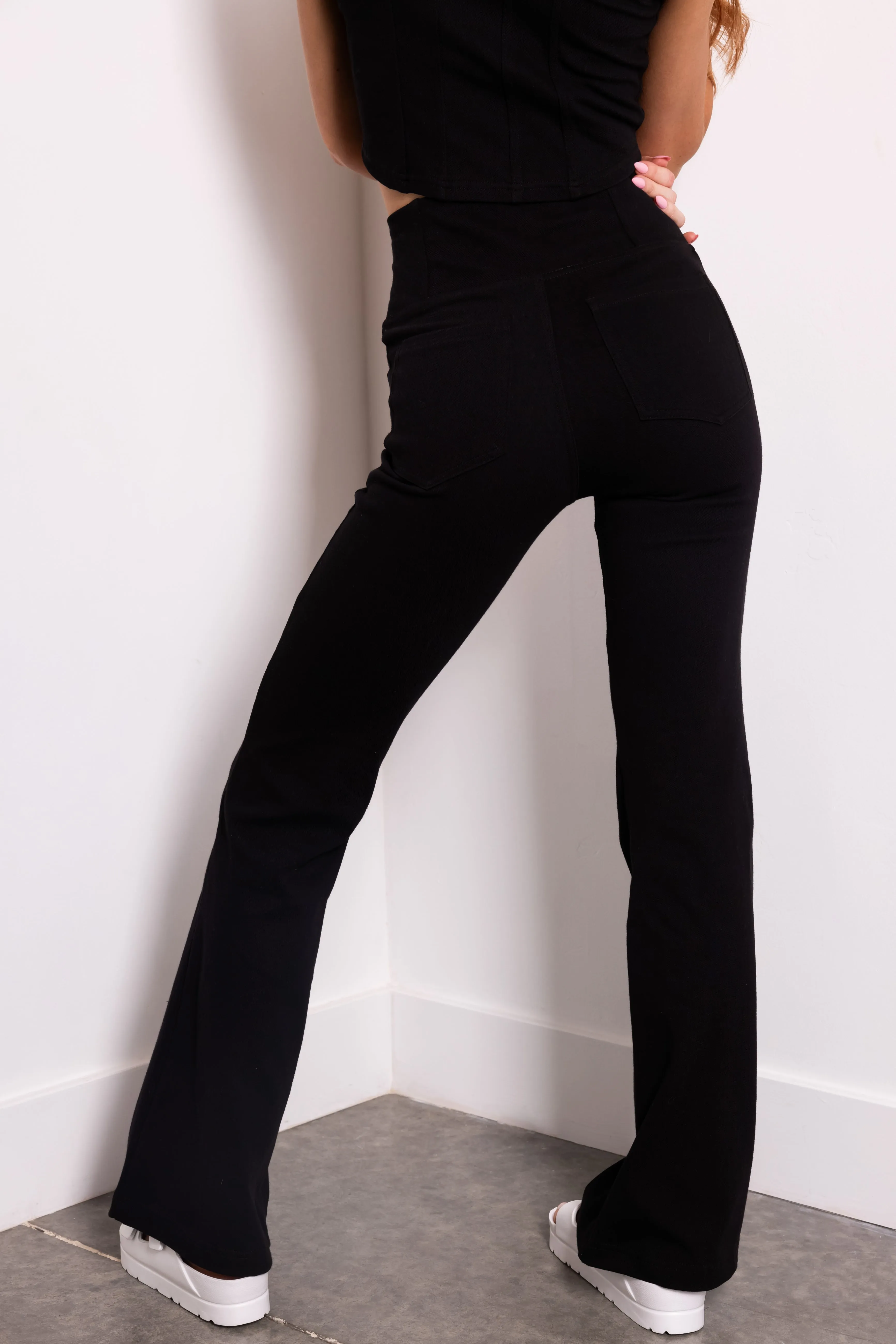 Black Flared Leg Crossover Waist Knit Pants