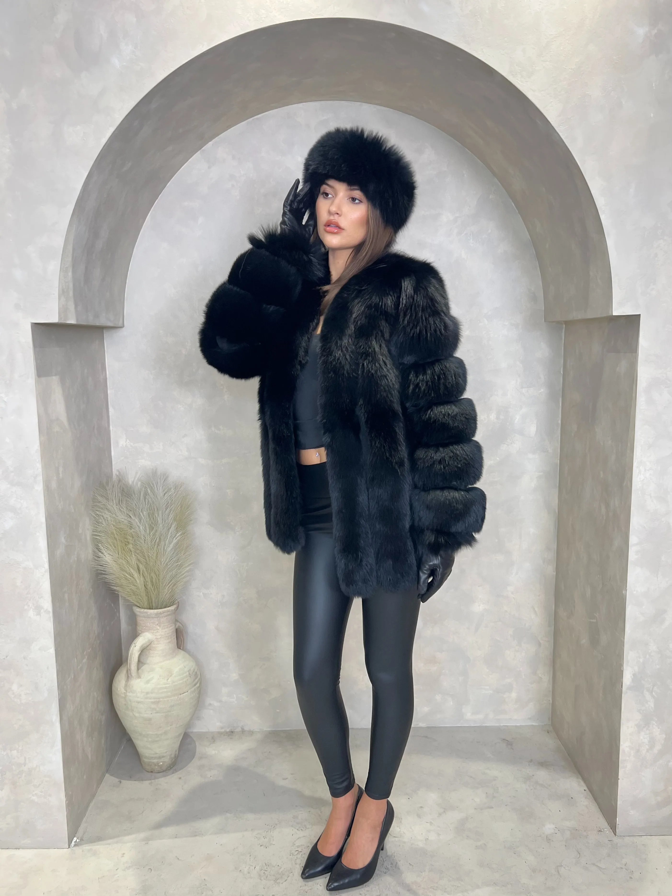 Black Luxury Fur Mid Length Coat