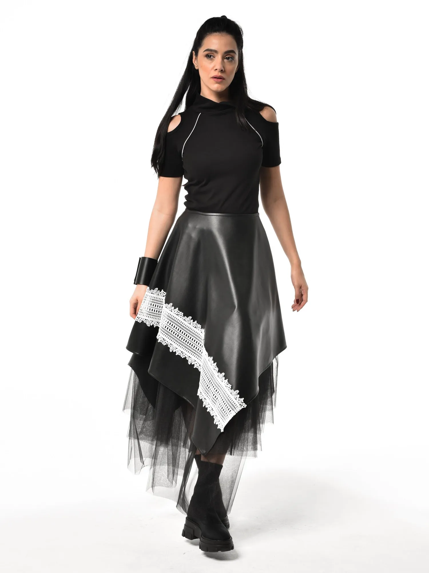 Black Vegan Leather Skirt with Black Tulle