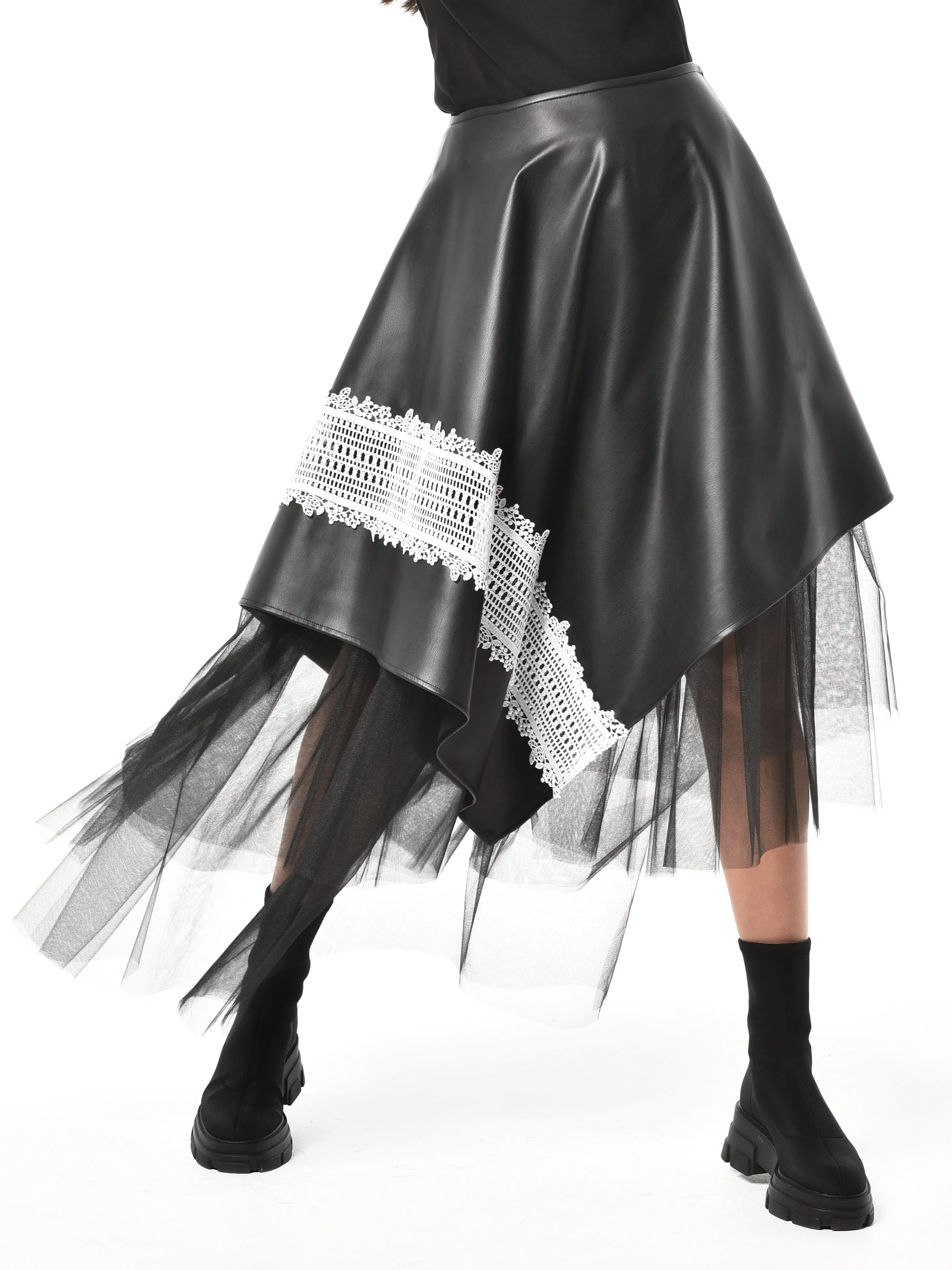 Black Vegan Leather Skirt with Black Tulle