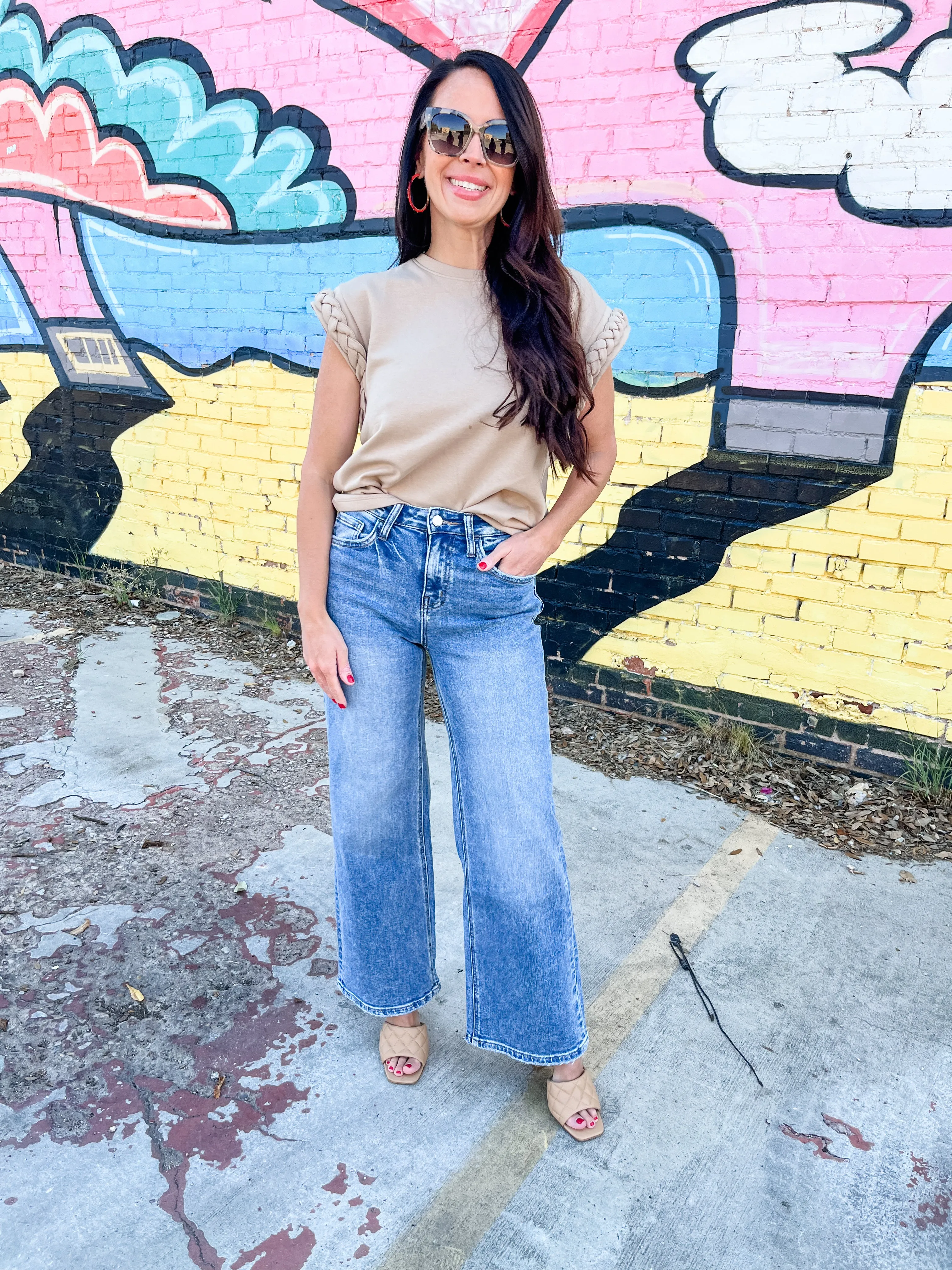 Braided Sleeve Top-Taupe