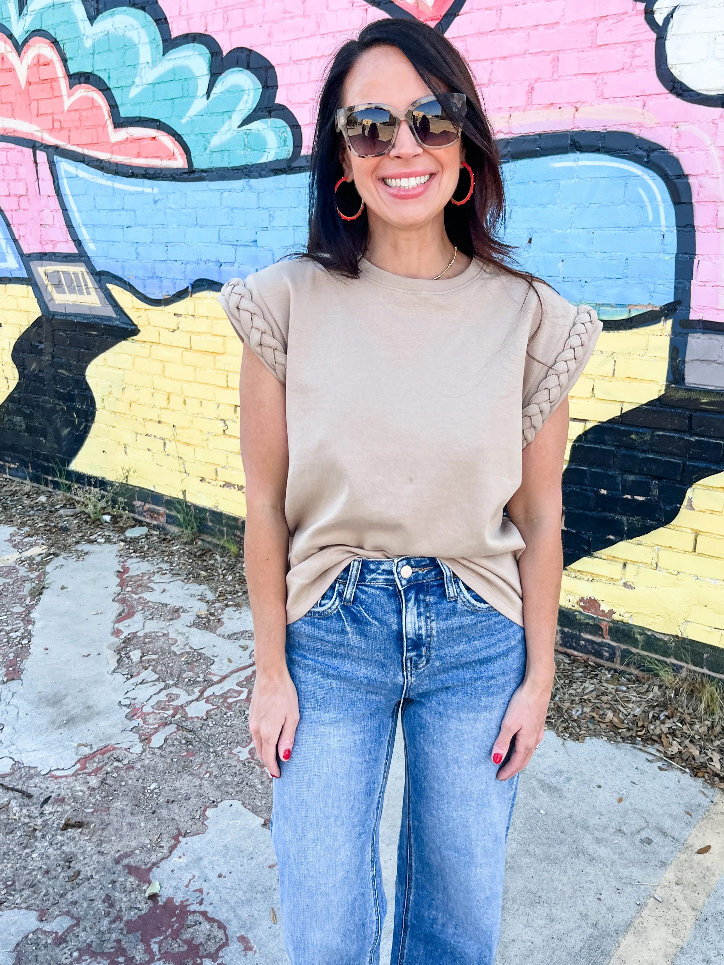 Braided Sleeve Top-Taupe