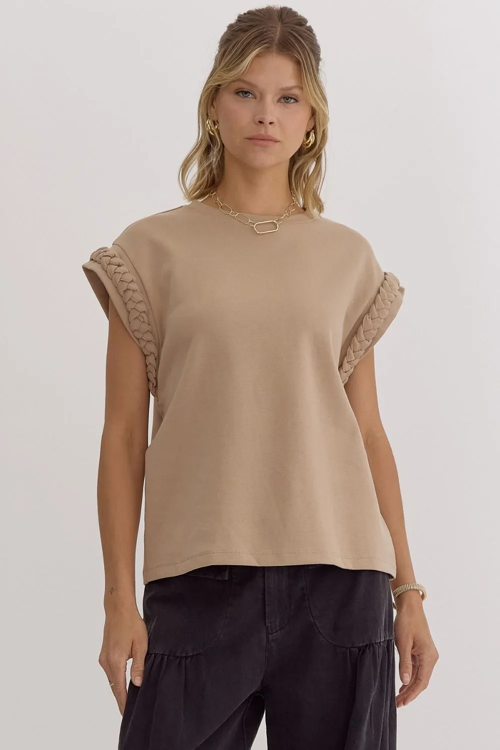 Braided Sleeve Top-Taupe