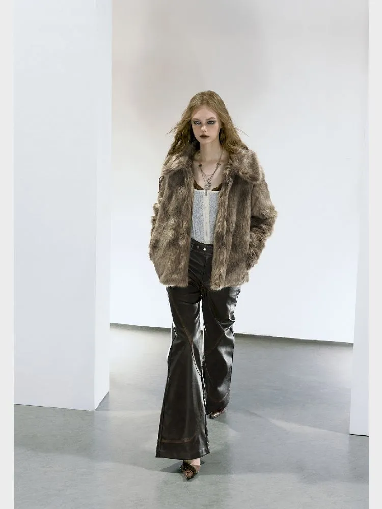 Brown Glossy Eco Fur Coat【s0000005154】