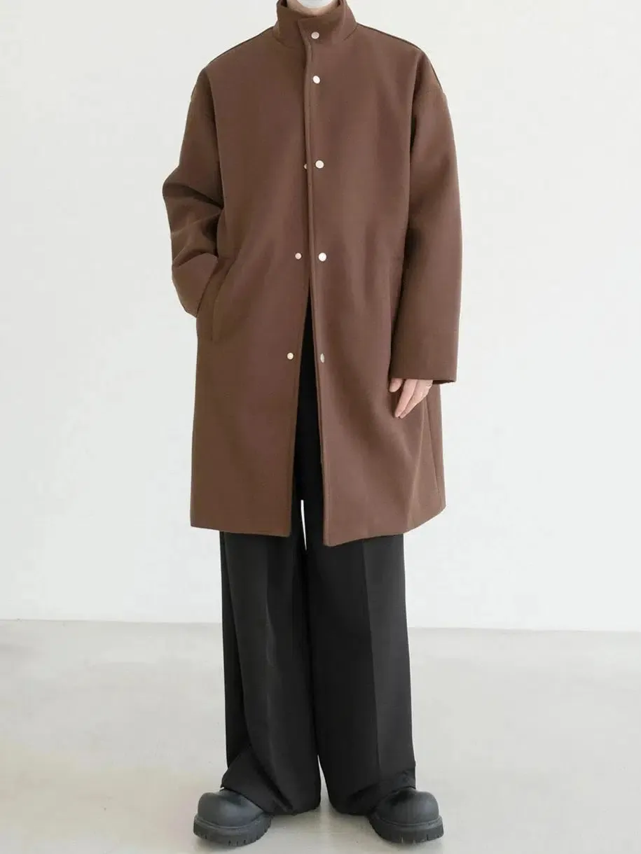 Button Closure High-Neck Woolen Coat