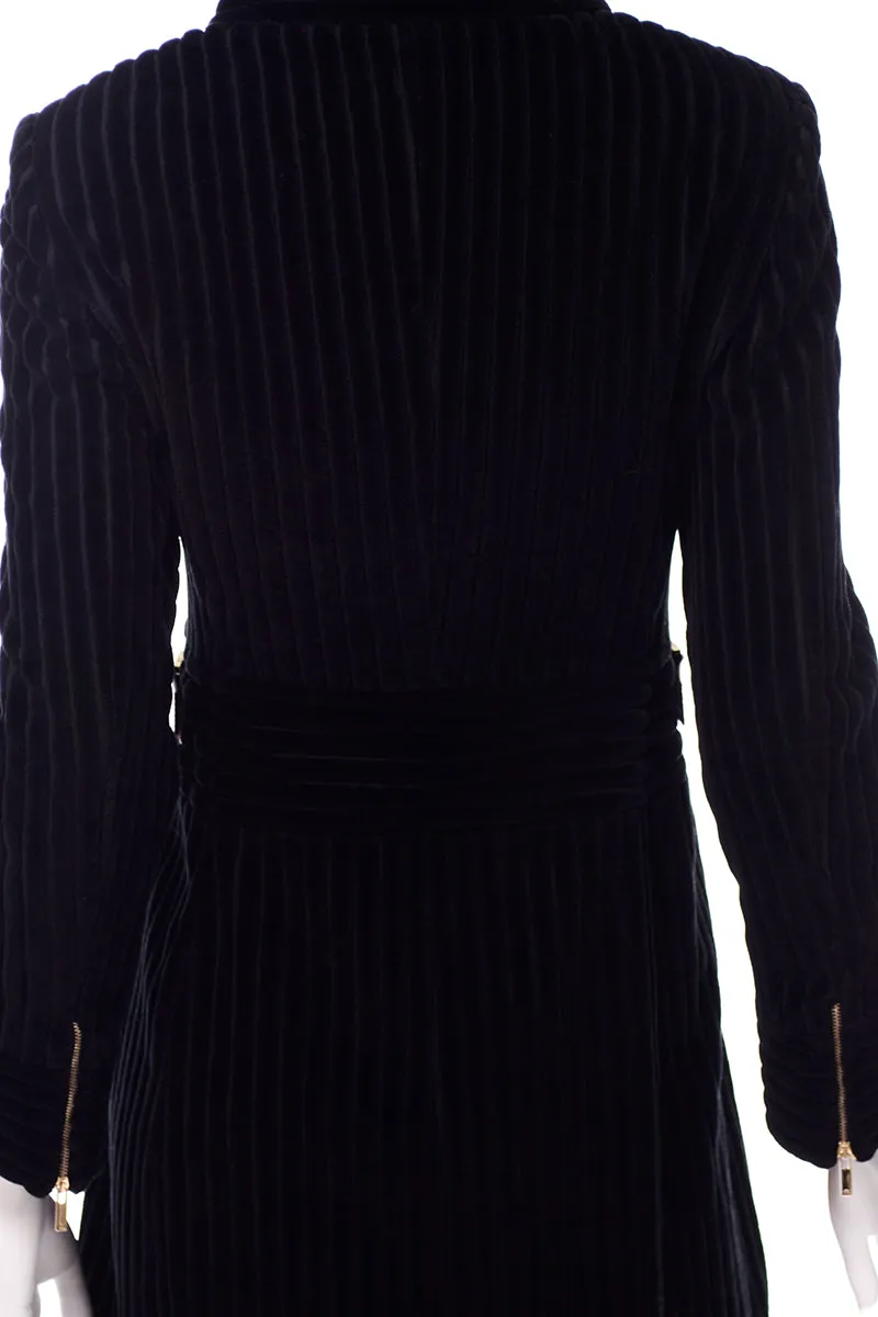 Carolina Herrera Black Ribbed Velvet Zip Front Coat w Buckles