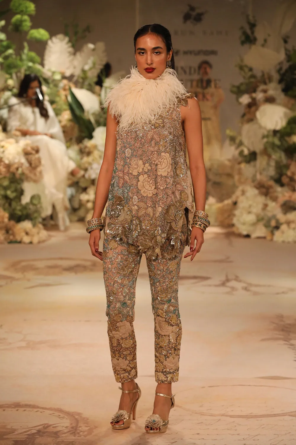 Champagne Gold Embroidered Dress With Tights