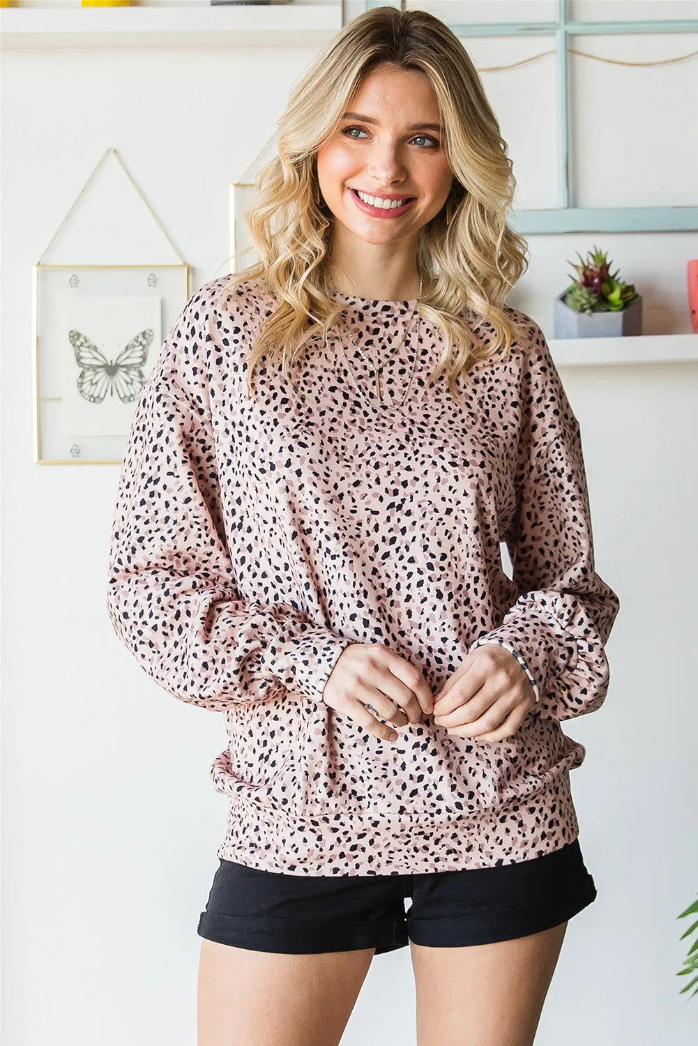 Cheetah Print Crew Neck Bishop Sleeve Sweatshirt