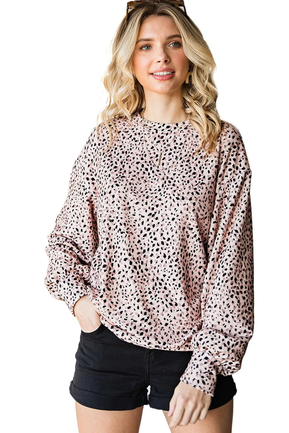 Cheetah Print Crew Neck Bishop Sleeve Sweatshirt