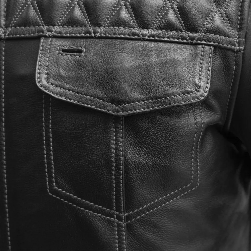 Cinder Men's Cafe Style Leather Jacket - Grey Stitch