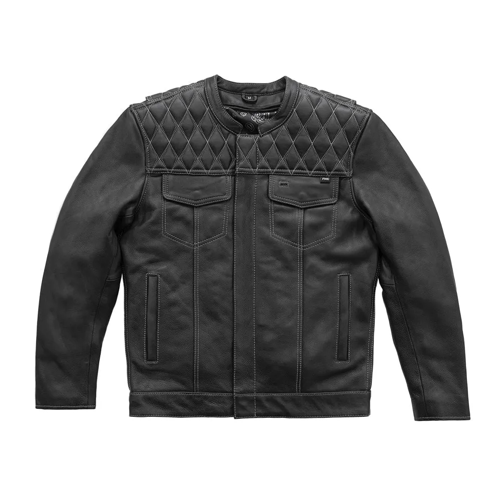 Cinder Men's Cafe Style Leather Jacket - Grey Stitch