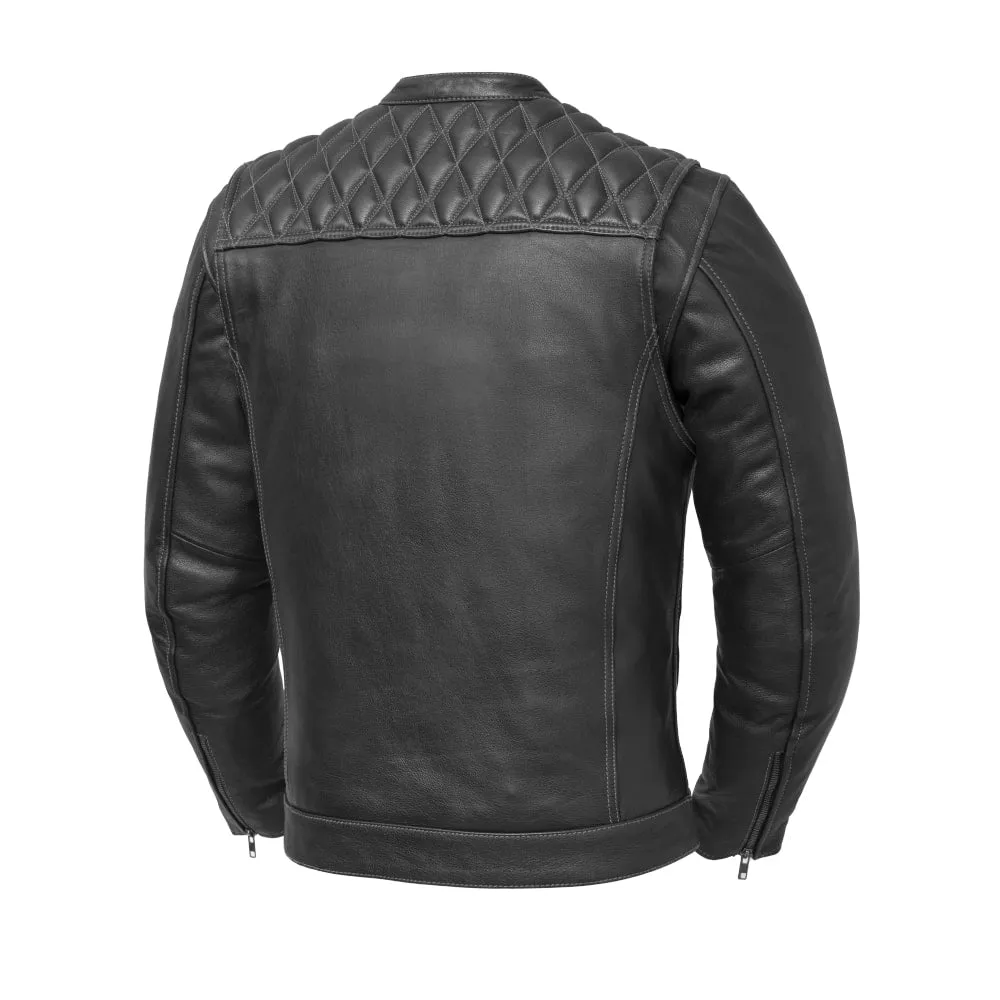 Cinder Men's Cafe Style Leather Jacket - Grey Stitch