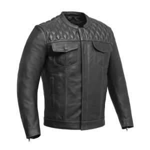 Cinder Men's Cafe Style Leather Jacket - Grey Stitch