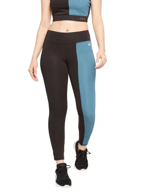 Clovia Women's Snug Fit Active High-Rise Ankle-Length Colourblock Tights(AB0053A13_Black & Teal Blue_M)