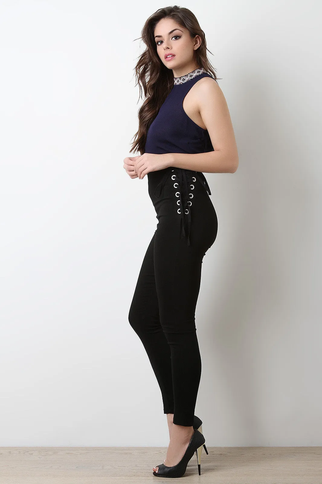 Corset Side Lace Up Taper Pants