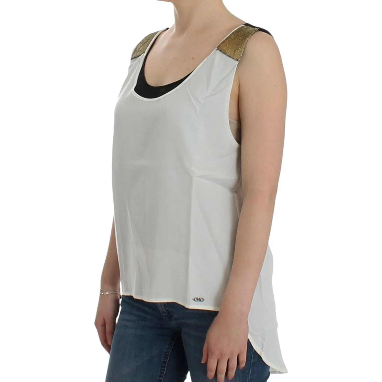 Costume National Elegant Monochrome Sleeveless Top with Gold Accents