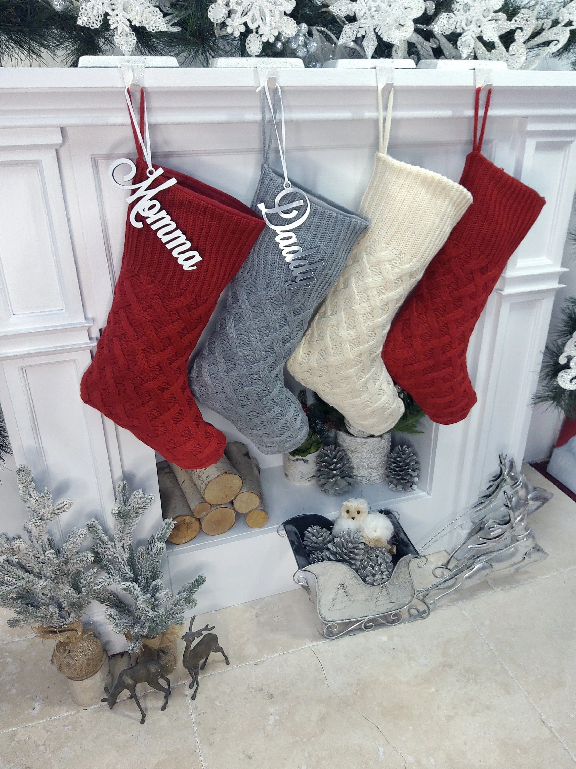 Cozy Cable Knit Trellis Personalized Christmas Stocking Dark Red Grey Ivory Knitted Custom Embroidered Names