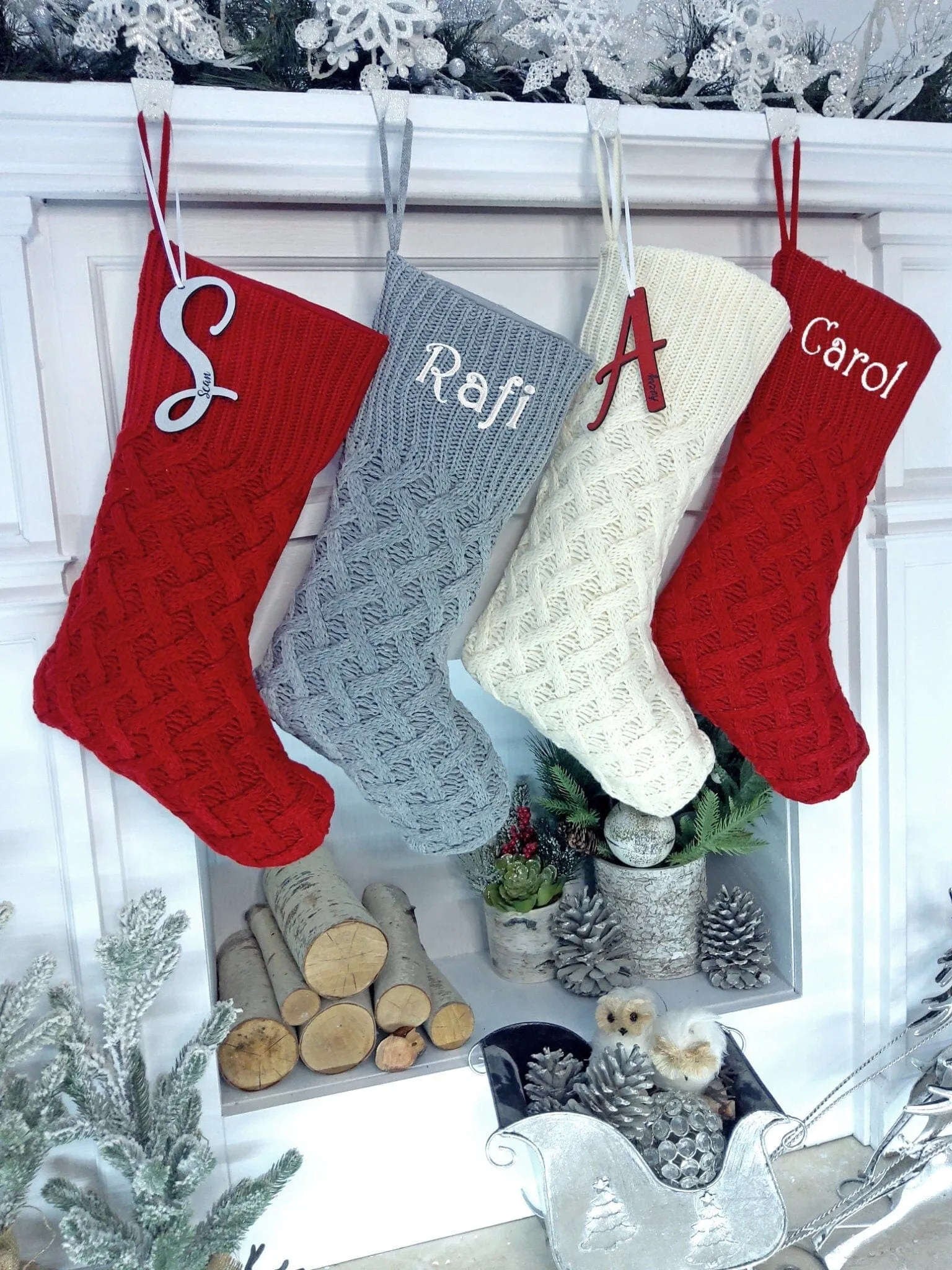 Cozy Cable Knit Trellis Personalized Christmas Stocking Dark Red Grey Ivory Knitted Custom Embroidered Names